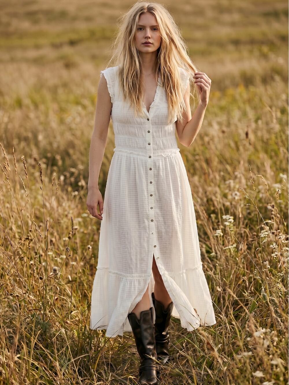 Free People Ethereal Cottage Desert Dazed Midi Dress Maxi Top Ivory Large Boho